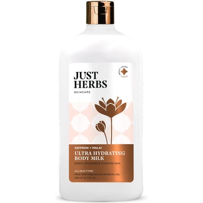 Just Herbs Lait Corps Nourrissant Saffron + Malai Hydratant pour Hommes et Femmes | Lotion Corps Hydratante pour Peaux ternes, fatiguées et sèches | Convient à tous les types de peau white