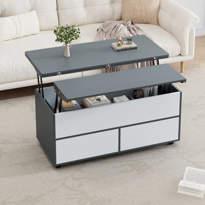 Wishdor Salontafel 100 x 98 x 65 cm van spaanplaat, wit en grijs, hoogteverstelbaar met opbergruimte en wieltjes