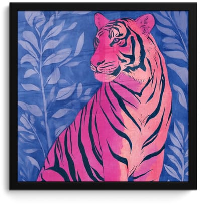 Poster in lijst - Fotolijst 40x40 cm - Posters - Tijger - Roze - Bladeren - Jungle - Posterlijst zwart - Decoratie - Wanddecoratie woonkamer - Muurdecoratie slaapkamer