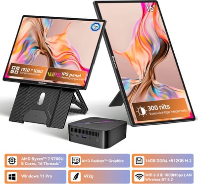 Blackview MP100 Mini PC + Table 9 Draagbare Monitor Set - 16GB DDR4 512GB SSD - AMD Ryzen 5 7430U tot 4,3GHz - Windows 11 Pro - WiFi 6 BT 5.2 - 4K UHD RGB - 16 Inch FHD USB-C HDMI Plug & Play - Zwart