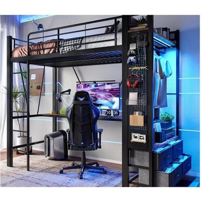 ModernLuxe Hoogbed 90×200 cm - met bureau + wasrek - 4 laden - USB/TYPE-C-poorten - LED-lichtstrip - zwart