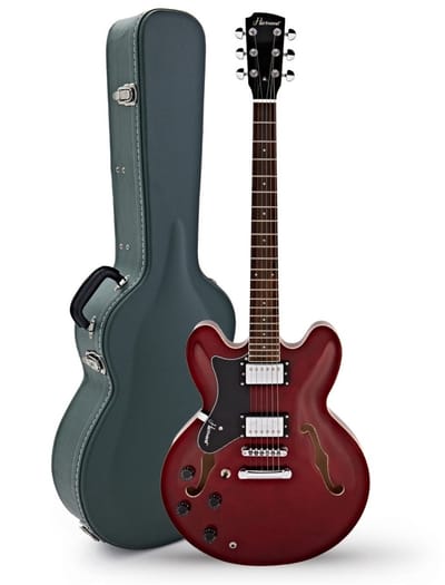Hartwood Revival linkshandige semi-akoestische gitaar & harde koffer, Cherry Red