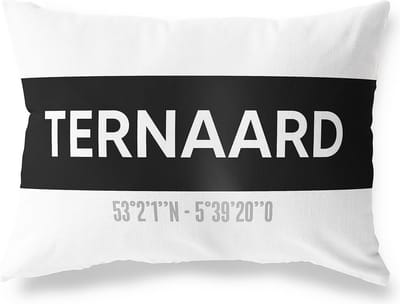Tuinkussen TERNAARD - FRIESLAND met coördinaten - Buitenkussen - Bootkussen - Weerbestendig - Jouw Plaats - Studio216 - Modern - Zwart-Wit - 50x30cm