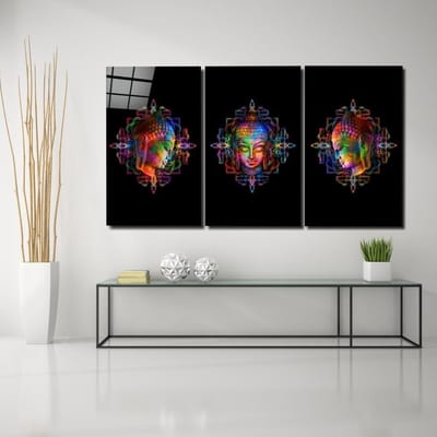 Insigne Glazen Schilderijen – Boeddha – 3-Delig Mega Glasschilderij - 3x72x46 cm , 4 mm