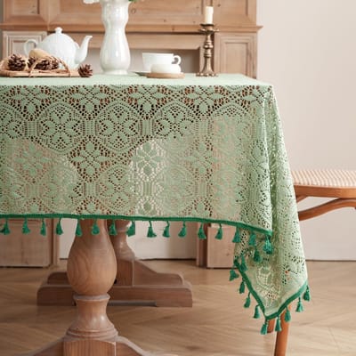 KZQ Groen Linnen Tafelkleed met Bloemmotief en Franjes, Rechthoekig Gehaakt Tafelkleed 150 x 220 cm, Vintage Tafellaken voor Keuken, Eetkamer, Bruiloft en Feestdecoratie
