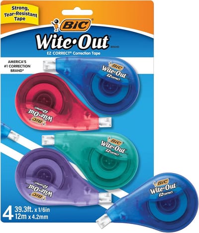 Correctiestift met tape voor papier, 4 stuks, wit, multikleur