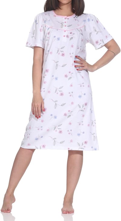 Normann Dames Nachthemd korte mouw – Romantisch bloemendesign, knoopsluiting bij de hals