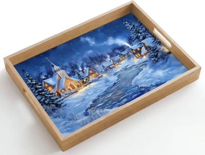 Dienblad hout 50x35 cm - Schootdienblad - Winteravond - Kerstdorp - Donker - Borrelplank rechthoek - Plateau dienbladen