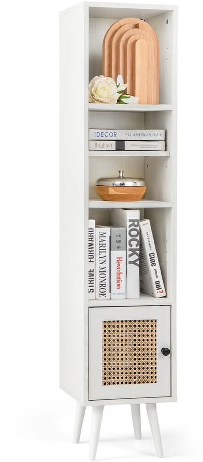 COSTWAY Hoge kast rotan, badkamerkast met 4 planken, houten poten en rotandeur, commode smal, boekenkast, boho houten kast 29,5 x 29,5 x 137 cm (wit)