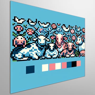 Pixel art vee schilderij | Pixelfarm: Een kleurrijke ode aan de digitale kunst van vee | Kunst - 30x30 centimeter op Dibond | Foto op Dibond