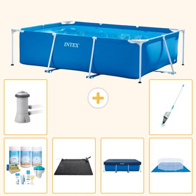 Intex Rechthoekig Frame Zwembad - 300 x 200 x 75 cm - Blauw - Inclusief Onderhoudspakket - Solar Mat - Afdekzeil - Grondzeil - Zwembadfilterpomp - Stofzuiger - 7-delig