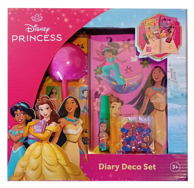 Disney Princess - Dagboek Deco Set - schrift - pen met roze fluffy pompom - stickervel - stempel - stempelinkt - markeerstift - loafers - Pocahontas - Jasmine - Belle
