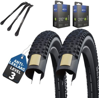 2-delige Set Schwalbe Fietsbanden Rapid Rob van 29 inch x 2,10 (54-622) buitenband + Auto/Schrader ventiel binnenband en 3 metalen MSZweirad bandenlichters voor eenvoudige wisseling van banden