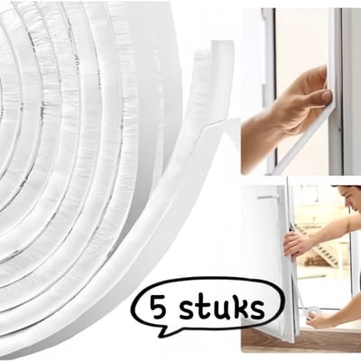 5-delige set - Raamafdichtingsstrip - Afdichtingsstrip voor deur- en raamkozijnen, zelfklevende raamafdichting - PVC/aluminiumlegering afdichtingsstrip voor deurspleten - Lekvrij - 9 mm x 5 mm, 1 meter - Wit