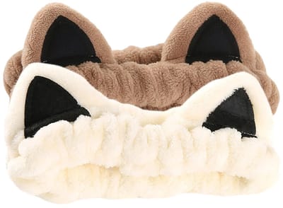 BOTC Haarband - 2 Stuks - Kattenoren - Zachte Spa Haarband voor Gezichtsreiniging & Make-up - Coral Fleece - Beige & Khaki
