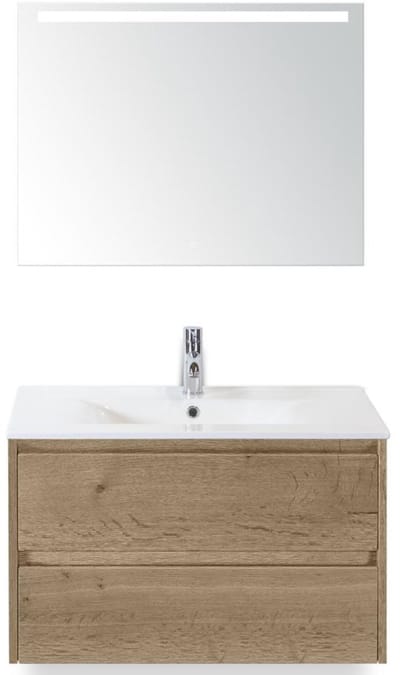 Dante Badmeubelset 80 cm - Natuur Eiken - Keramische Wastafel Wit Enjoy met Sence Spiegel