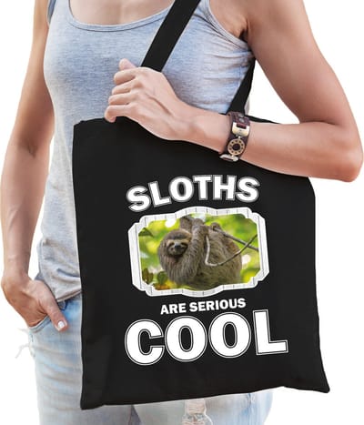 Dieren luiaard katoenen tasje volw + kind zwart - sloths are cool boodschappentas/ gymtas / sporttas - cadeau luiaards fan