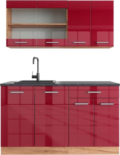 Vicco R-Line Eenpersoonskeuken – 140 cm, WB Antraciet Rood hoogglans/gouden eik
