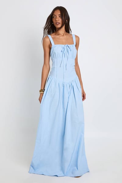 boohoo Dames Lange Katoenen Poplin Melkmeid Maxi Jurk | Babyblauw | Maat: 42
