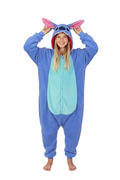 KIMU® Onesie Stitch Pak - Maat 110-116 - Monster Jumpsuit Huispak Fleece Pyjama Kinderen Jongen Meisje Blauw Monstertje Lilo Alien Fleece Festival