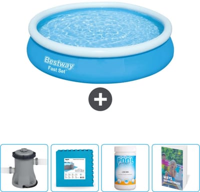 Bestway Rond Opblaasbaar Fast Set Zwembad - 366 x 76 cm - Blauw - Inclusief Pomp - Vloertegels - Chloor - Zwembadgids
