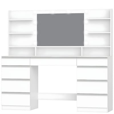 Kaptafel – Voor Slaapkamer & Dressing – Groot Met Verstelbare LED-Verlichting, 10 LED-Lampjes, 3 Lichtkleuren, Dimfunctie, Grote Spiegel en 9 Lades – Wit