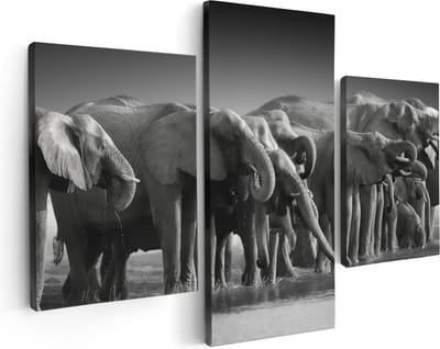 Artaza Canvas Schilderij Drieluik Groep Olifanten Bij Het Water - Zwart Wit - 90x60 - Foto Op Canvas - Canvas Print