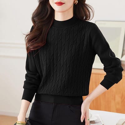 Pull à col montant avec velours pour femme et épais hiver court ample tricot de base pull haut 3XL black