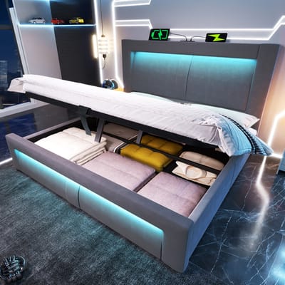 HAUSS SPOLE Gestoffeerd Bed 140x200 cm - Met Opbergruimte, Led en Usb Laadpunten - Zonder Matras - Fluweel - Grijs