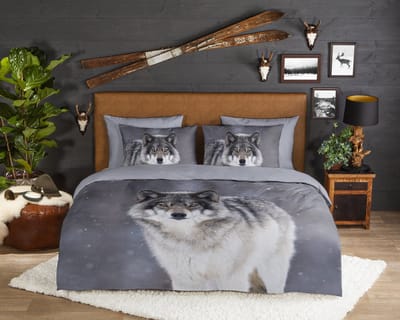 Good Morning dekbedovertrek wolf - Lits jumeaux XL 260x200/220 cm - Grijs - 100% Katoen flanel