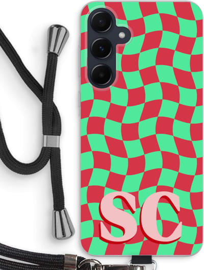 Gepersonaliseerd - Case Company® - Hoesje met koord geschikt voor Samsung Galaxy A55 hoesje met Koord - Grid Monogram - Telefoonhoesje met Zwart Koord - Bescherming aan alle Kanten en Over de Schermrand