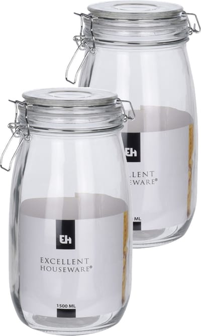 Excellent Houseware keuken voedsel opslagpotten - 2x stuks - 1500 ML - met beugel sluiting - glas - weckpotten - inmaakpotten