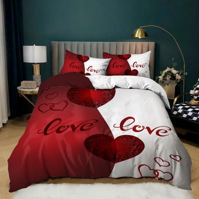 3-delige Beddengoedset met Ritssluiting Rood Hart Dekbedovertrek Queen Liefde Hart Patroon Wit Dekbedovertrek Set Schattige Print AU Single(140x210cm)