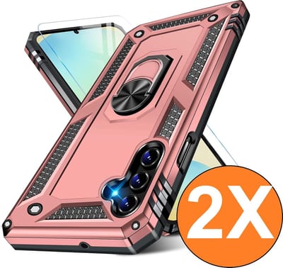 Hoesje Geschikt voor Samsung Galaxy S24 FE Hoesje Rose Goud Anti-Shock Hybrid Armor hoesje Met Draaibare Ring Houder - Samsung S24 FE Screenprotector 2 pack