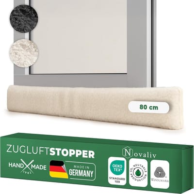 Tochtstopper voor deuren 80cm natuurlijke scheerwol  houdt tocht en kou tegen, dempt geluid/stof/licht, antislip, geen boren nodig; voor appartement/voordeur, dicht deurspleet af, één stuk