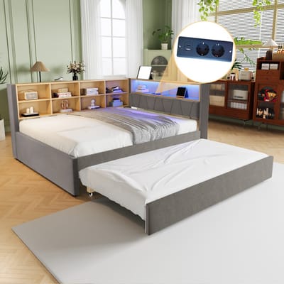 Sweiko Slaapbank - 140*200cm - met Uittrekbaar bed - LED verlichting + oplaadpoort + opbergvak - Flanel - Donkergrijs