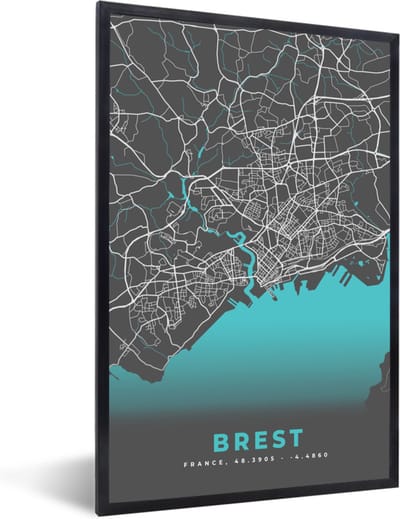 Fotolijst incl. Poster - Kaart - Stadskaart - Brest - Frankrijk - Plattegrond - 40x60 cm - Posterlijst