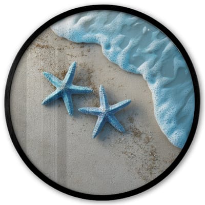 Poster in lijst Rond - Fotolijst 40x40 cm - Posters - Zeesterren - Zand - Zee - Blauw - Ronde posterlijst zwart - Decoratie - Wanddecoratie woonkamer - Muurdecoratie slaapkamer