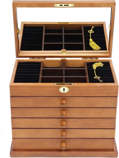 Juwelendoos Hout - Opbergdoos Sieraden - Sieraden Organiseren - 6 Lagen Met Spiegeltje - 29.5 x 18.5 x 25 cm