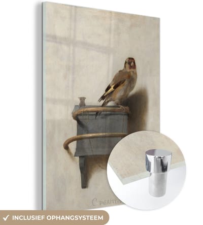 MuchoWow® Glasschilderij 120x160 cm - Schilderij acrylglas - Puttertje - Oude Meester - Carel Fabritius - Foto op glas - Schilderijen