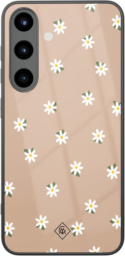 Casimoda® hoesje - Geschikt voor Samsung Galaxy S25 - Sweet Daisies - Luxe Hard Case Zwart - Backcover telefoonhoesje - Bruin/beige