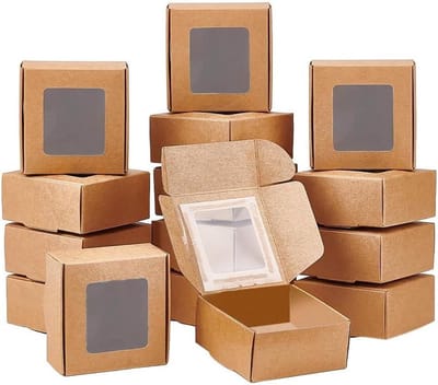 MK Stoer -Kraftpapier dozen met transparant venster - Stevige verpakking - Set van 30 - Burlywood - Geschenkverpakkingen - Geschikt voor cadeaus - Bruin vensterdozen JustSeed - 6,5 x 6,5 x 3 cm.