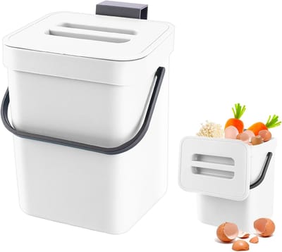 Compacte Compostbak voor Keukenafval - Hangende Biologische Afvalbak met Deksel - Ideaal voor Binnengebruik, 3L Inhoud, Wit
