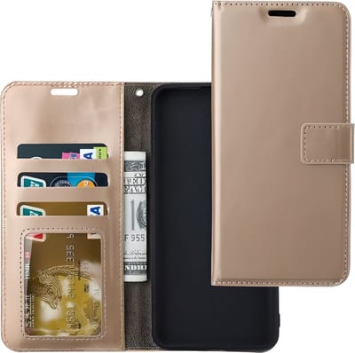 Bookcase Geschikt voor: iPhone 17E / 16E - Goud - portemonnee hoesje - Book Cover