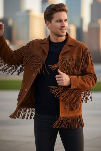 Heren Western Retro Tan Cowboy Suède Leren Fringe Jas - Karmozijnrood