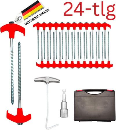 FAMEX 24-delige Schroefharing Set 20 cm met Booradapter, Uithaak en Opbergbox, Robuuste Stalen Tentharingen voor Camping