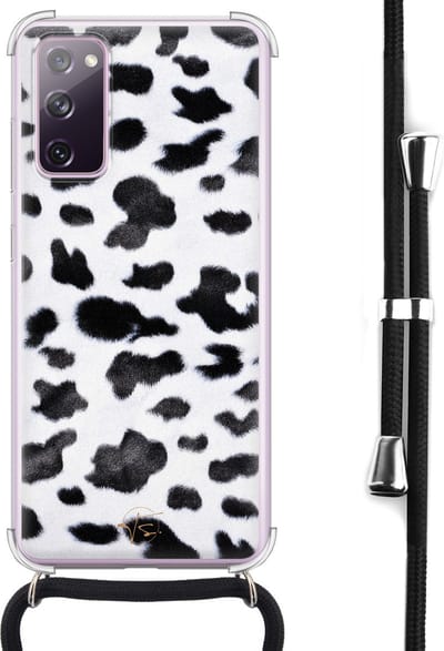 Hoesje met koord geschikt voor Samsung Galaxy S20 FE - Koeienprint - Inclusief koord - Crossbody beschermhoes - Transparant, Zwart, Wit - Mooie Telefoonhoesjes