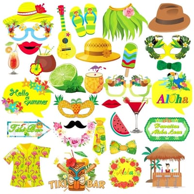 Allecto - Party fotoautomaat accessoires - Hawaii Photo Booth rekwisieten - 33 stijlvolle rekwisieten - Perfect voor vakantie - Inclusief sticks en...