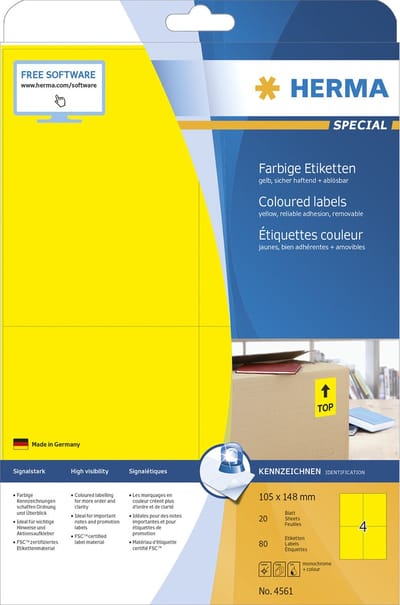 Etiketten A4 gelb 105x148mm Papier matt abl�sbar 80St.
