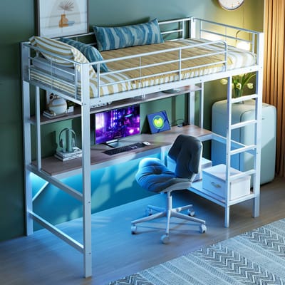 Hoogslaper - 90x200 cm - trapladder - met USB en stopcontact - met LED-verlichting - bureau - zonder matras - wit